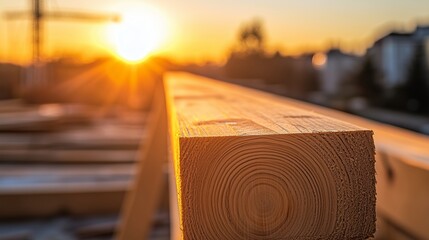 The close -up of a wooden beam against the background of a construction site with a soft morning or evening light flooding the scene with warm rays.