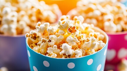 A bright assortment of popcorn in multi -colored bowls with a pea pattern filled with air and crispy grains.