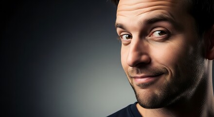 A man looks to the side as he smiles at the viewer,A thoughtful look with a knowing smile from an ordinary person