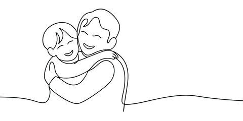Continuous line art a father hugging a child both smiling on embrace family