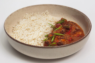 Hearty Meat Goulash Stew with Steamed Rice