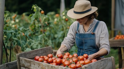 Harvest of ripe tomatoes in a wooden box against a green garden with plants. A farmer in a straw hat and jeans overalls collect vegetables, creating an atmosphere of rural labor