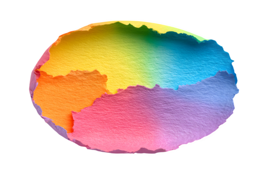 A vibrant colorful abstract artwork featuring blended rainbow hues on textured material against a transparent background.