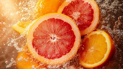 Bright citrus fruits - grapefruits, lemons and oranges - with a shiny peel and juicy pulp, surrounded by splashes of water. Fresh shades and drops create a feeling of coolness and energy.