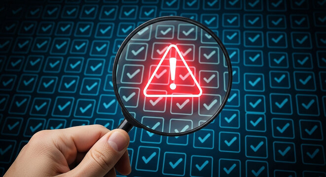 Risk management compliance audit checklist with magnifying glass and warning sign concept 100