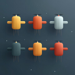 A stylized 3D illustration of six minimalist, colorful drones flying in a dark blue, starry environment. The drones are presented in a clean, modern, and playful design, suggesting technology