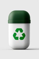 A clean, 3D-rendered icon of a white recycling bin with a green lid and the universal recycling symbol. This image represents sustainability, environmentalism, and waste management