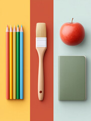 A vibrant composition featuring colorful pencils, a paint brush, a red apple, and a notebook arranged on a segmented background of yellow, red, and blue-green. The image evokes themes of creativity