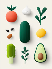 A vibrant, playful arrangement of stylized 3D vegetables and seeds, including a tomato, cucumber, garlic, avocado, celery, and almond, against a clean beige background. The composition is visually