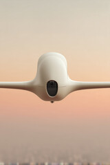 A close-up, abstract view of a white drone flying against a soft, gradient sky during sunrise or sunset, with a blurred cityscape in the background. The image has a clean, minimalist aesthetic