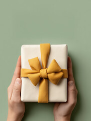 A top-down view of hands holding a neatly wrapped gift box with a large yellow ribbon, presented against a soft green background. This image conveys themes of gifting, celebration, and appreciation
