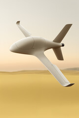 A high-resolution, photorealistic 3D rendering of a sleek, modern drone flying over a sandy landscape at sunset. The image is clean and minimalist, suitable for themes of surveillance, technology