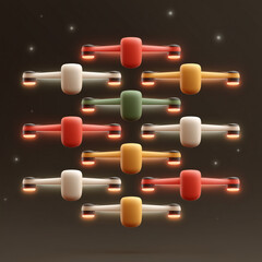 A stylized 3D illustration of multiple minimalist drones with glowing lights, arranged in a grid pattern against a dark background.