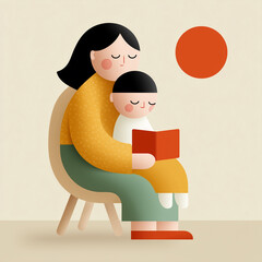 A heartwarming illustration of a mother and child sitting together, reading a book. The image uses a soft, minimalist, and stylized design, representing bonding, education, and family moments