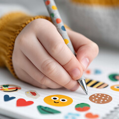 A macro shot of a child's hand writing or drawing on a notebook filled with colorful, cute sticker illustrations. The image is a close-up, focusing on creativity, learning, and childhood