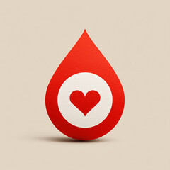 A minimalist 3D icon of a red blood drop with a heart symbol inside a white circle. The image is clean and stylized, representing medical concepts, blood donation, or health awareness