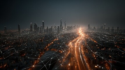 An aerial night view of a glowing city with connected lines