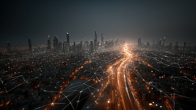 An aerial night view of a glowing city with connected lines