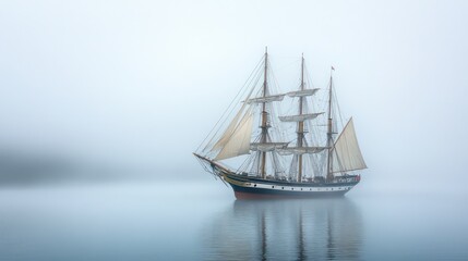 Majestic Tall Ship Sailing Through Dense Fog on Calm Waters, Atmospheric Scene.