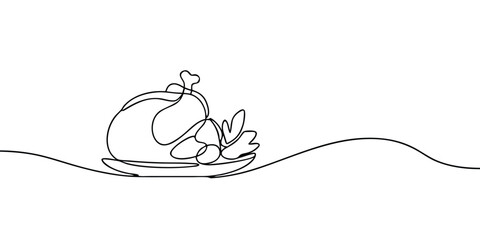 One Line Drawing of Roasted Chicken on Plate with Vegetables – Minimalist Continuous Line Art Food Illustration for Restaurant