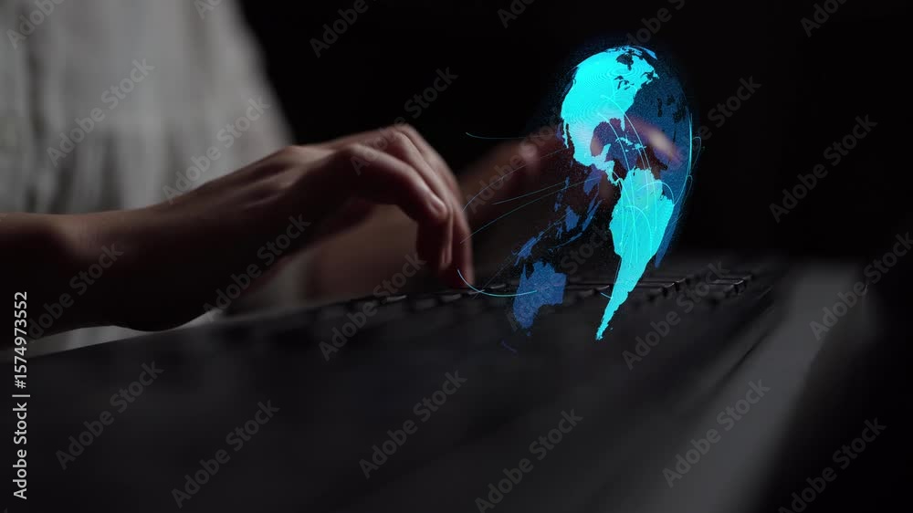 Poster global network connection visualization showing data exchange, digital link, worldwide communication