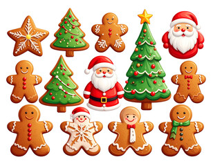Christmas gingerbreads santa, tree, snowflake isolated background  