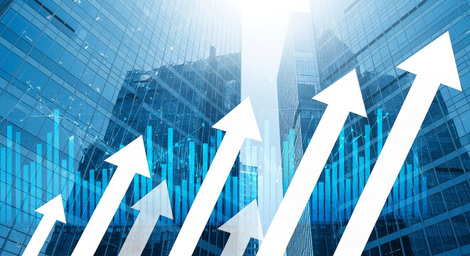 Business growth and financial success concept with arrows and charts on building background for investment