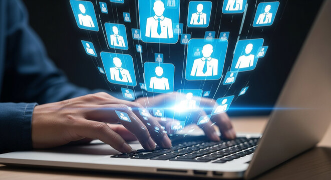 Connecting people online for social media and business networking with laptop technology and communication