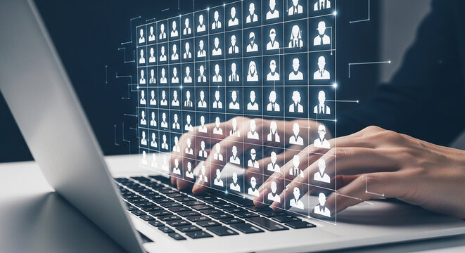 Human resources online recruitment and hiring process with laptop and digital profile grid view