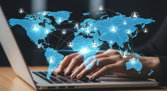 Global network communication technology concept with world map and people connecting online on laptop 100