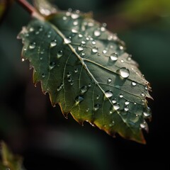 Dew Drops on Green Leaf Closeup.