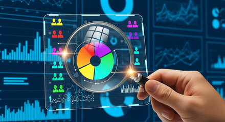 Analyzing data with magnifying glass on digital screen for business intelligence and market research