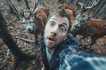 Man taking selfie with wild deer approaching him in forest, expressing shock and surprise