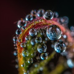 Dewdrops on curled plant leaf.