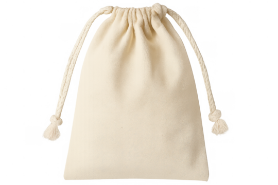 Minimalist beige canvas drawstring bag lying flat, displaying clean lines and understated texture on transparent backdrop