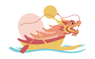 Colorful dragon boat racing through water with vibrant decorations in a festive style