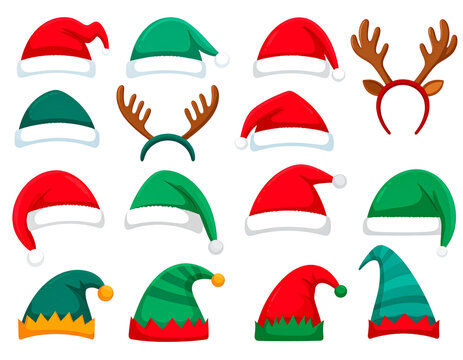 Christmas hats. Festive Santas red cap, elf hat with ears and Xmas deer antlers winte 