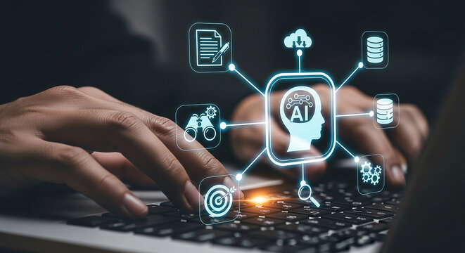 Artificial intelligence ai concept with human hands typing on a laptop keyboard for data analysis