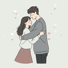 Loving couple embracing each other with smiles and hearts in a minimalist style