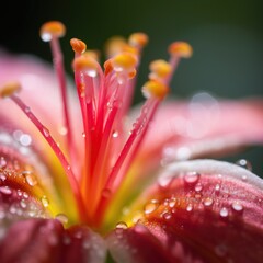 Dewdrops on Pink Lily Closeup.