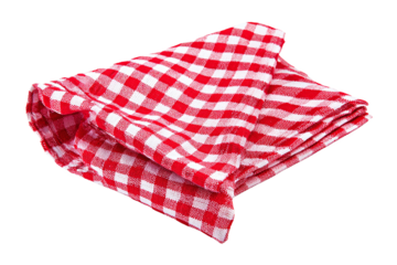 Folded red and white checkered fabric isolated on white transparent background