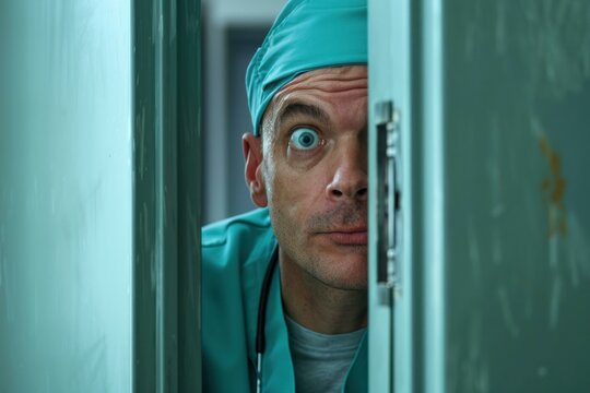 Doctor with a surprised expression is peeking through a slightly opened door in a hospital, evoking curiosity and anticipation - Powered by Adobe