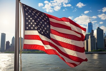 Naklejka premium United states flag waving proudly with the new york city skyline providing a stunning backdrop