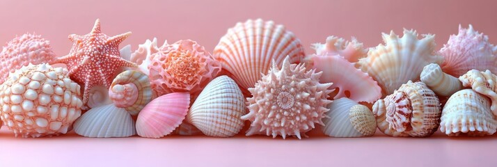Seashell banner showcasing colorful marine treasures arranged on soft pink backdrop, perfect for beach themed events, crafting projects, or summer celebrations, capturing oceanic beauty and serenity