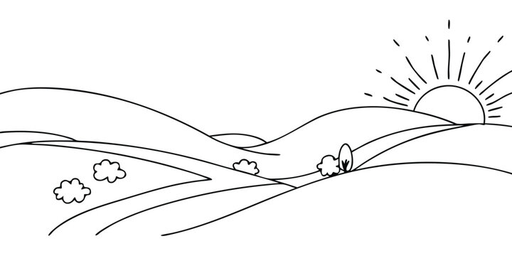 Landscape with rolling hills sun clouds trees continuous line art vector