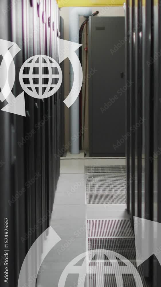 Poster animation of multiple web globe icons floating against computer server room