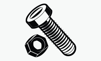 Screw bolt, nut  silhouette, mechanical hardware vector, construction tool design, black and white component illustration