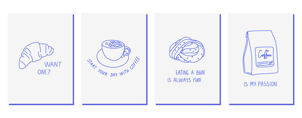Coffee posters blue color set. Hand drawn vintage doodle drawing. Minimalist monochrome prints with coffee, pastry and lettering. Concept for coffee shop, bakery. 