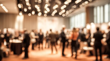 Blurred conference scene showcasing networking event with crowd, lights, and booths for a professional gathering.