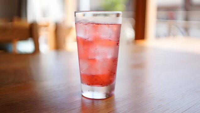 Refreshing summer drink pink lemonade with ice cubes on wood table background